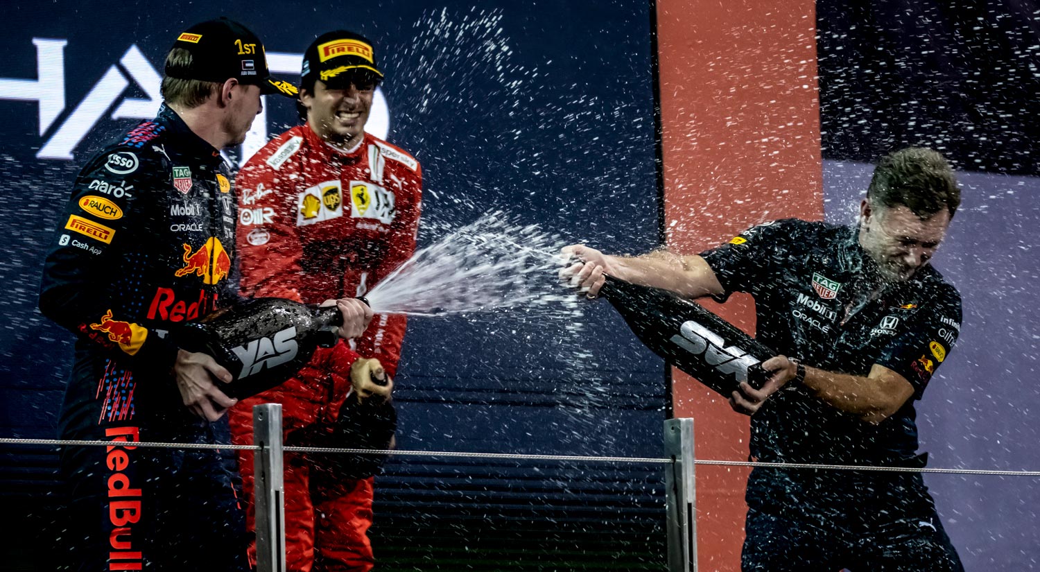 Max Verstappen, Carlos Sainz Jr & Christian Horner, Yas Marina Circuit, 2021