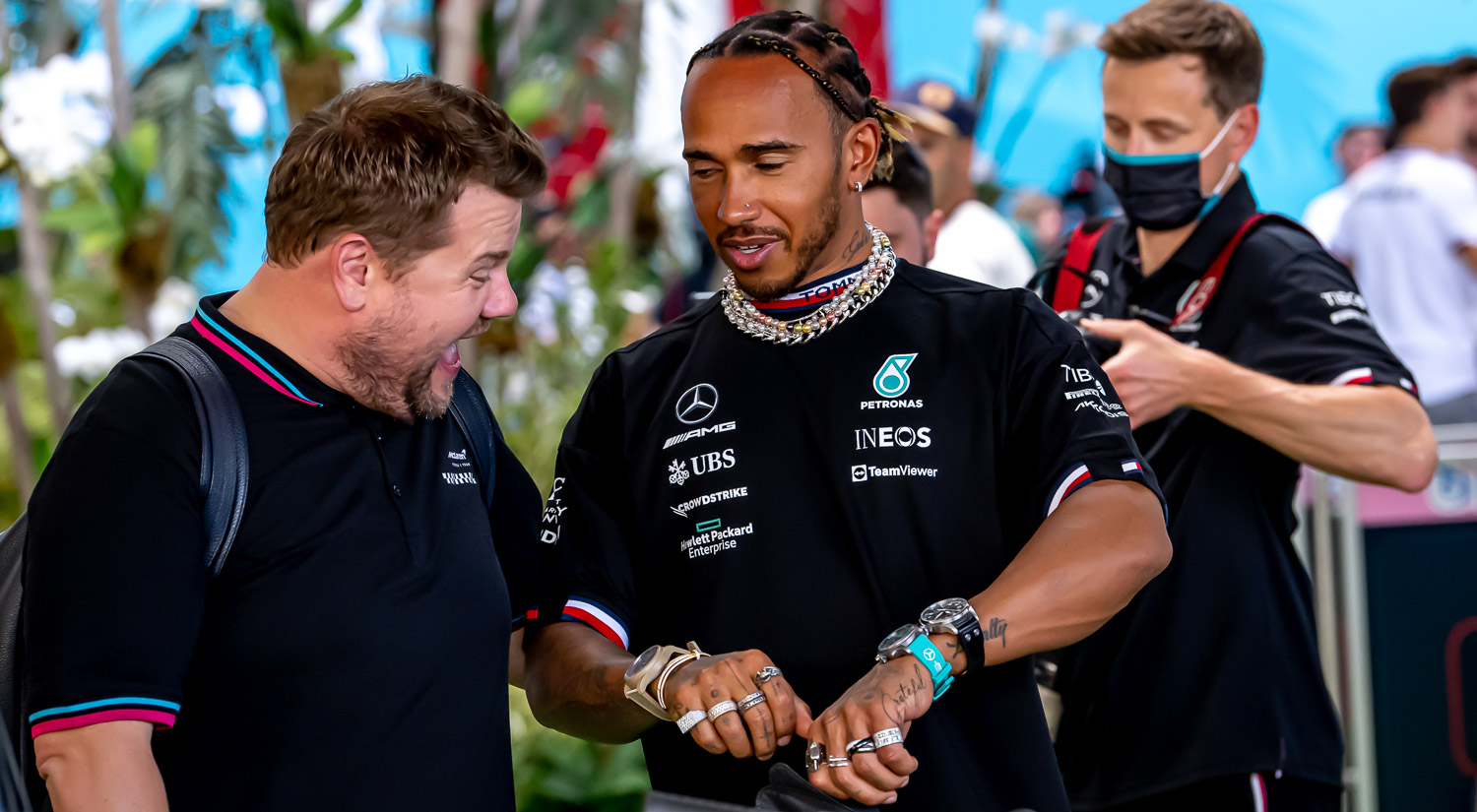 James Corden and Lewis Hamilton, Miami International Autodrome, 2022