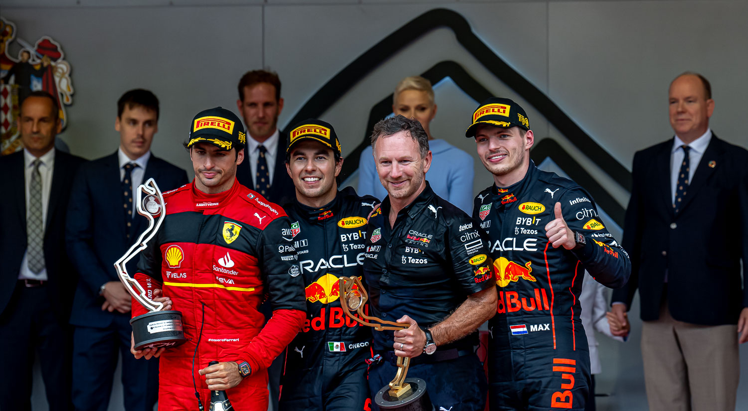 Carlos Sainz Jr, Sergio Perez, Christian Horner and Max Verstappen, Circuit de Monaco, 2022